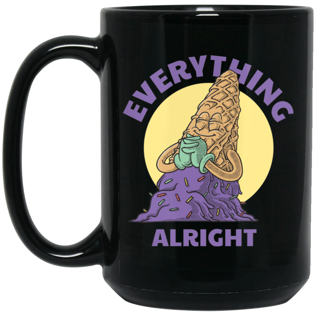 Everything Is Alright, Cartoon Smiling Spilled Ice Cream Black Mug