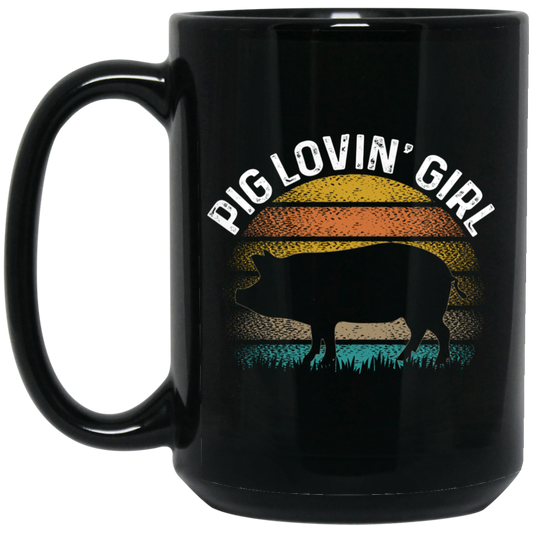 Pig Lovin Girl, Girl Love Pig, Retro Pig, Pig Silhouette Black Mug