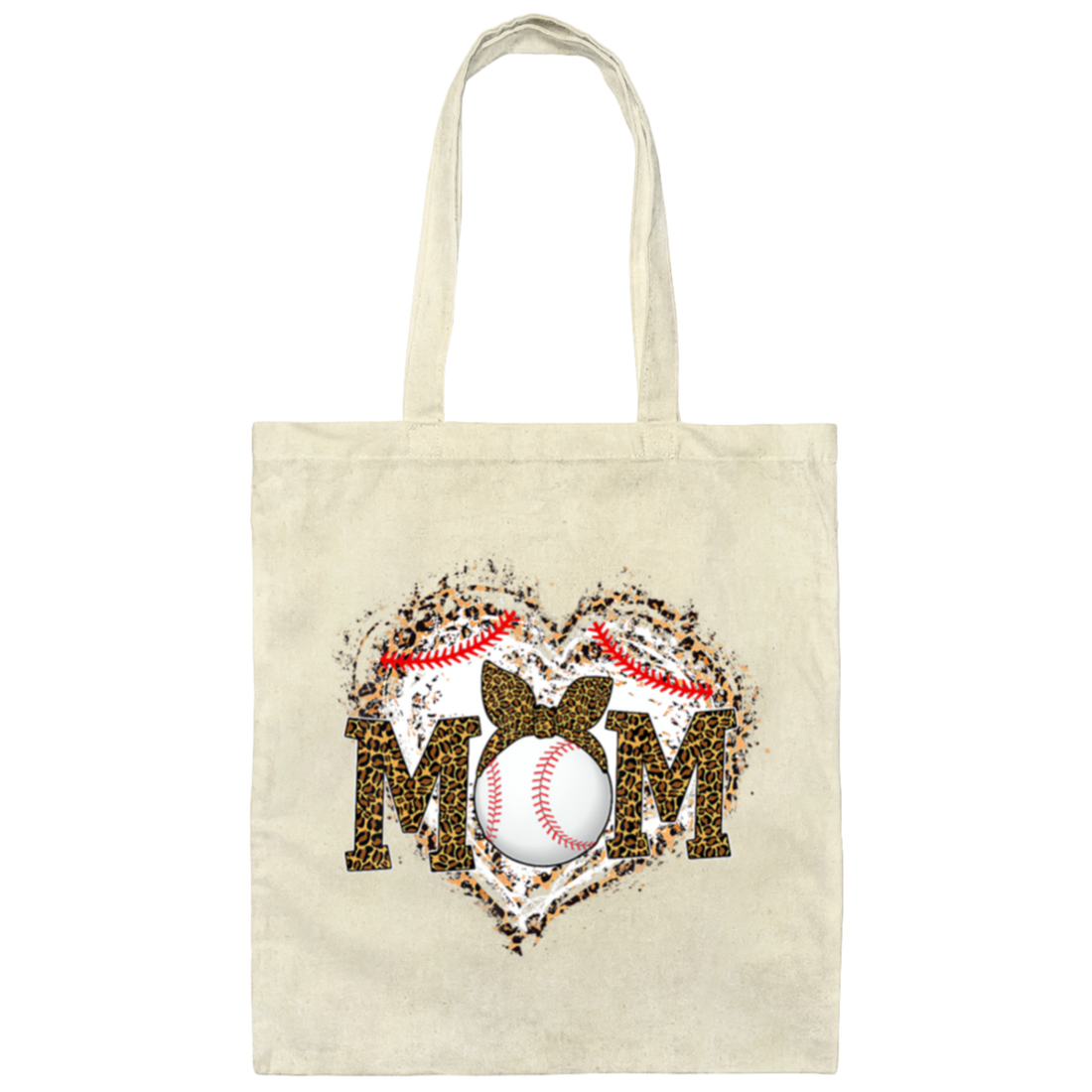 Funny Baseball Mom, Leopard Heart Mom, Ball Sport Lover Gift, Leopard Baseball Canvas Tote Bag