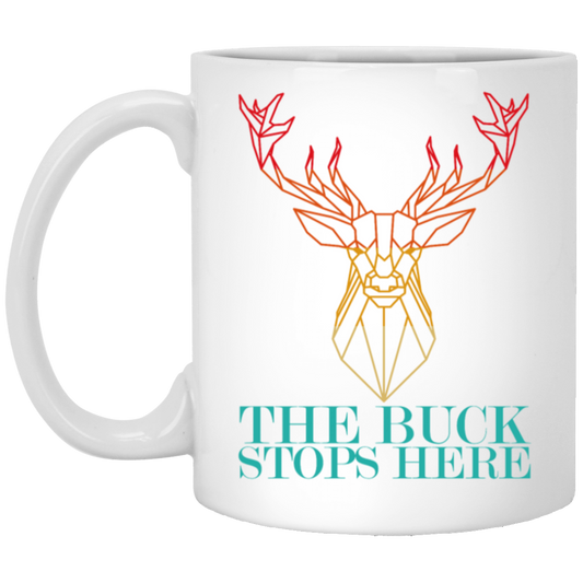 Vintage Abstract Deer Hunting, The Buck Stops Here, Deer Hunter White Mug