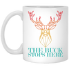 Vintage Abstract Deer Hunting, The Buck Stops Here, Deer Hunter White Mug