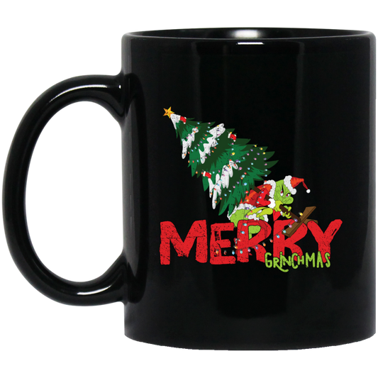 Merry Grinchmas, Merry Christmas, Grinch With Xmas Tree Black Mug