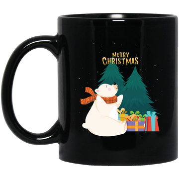 Cute Bear In Christmas, White Bear, Snow Bear, Merry Christmas, Trendy Christmas Black Mug