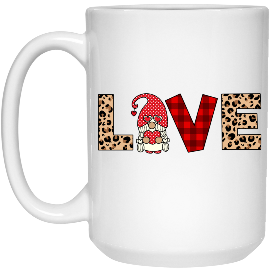 Love Text Design, Red Gnome, Leopard Pattern, Valentine's Day, Trendy Valentine White Mug