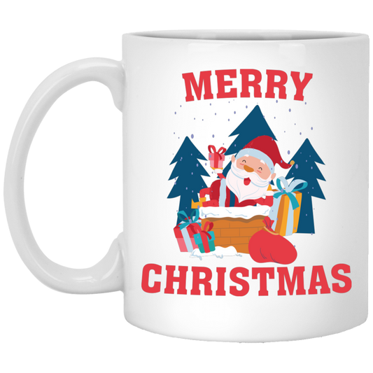Cute Santa, Happy Santa, Funny Santa, Santa With Gift, Merry Christmas, Trendy Christmas White Mug