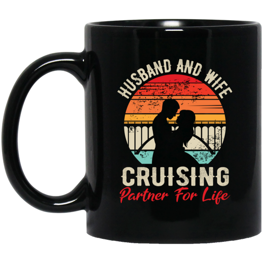 Husband And Wife Cruising Partner For Life, Retro Valentine, Couple Silhouette Black Mug