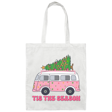 Tis The Season, Christmas Bus, Pink Christmas, Bus Bring Xmas Tree Canvas Tote Bag