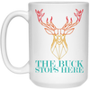 Vintage Abstract Deer Hunting, The Buck Stops Here, Deer Hunter White Mug