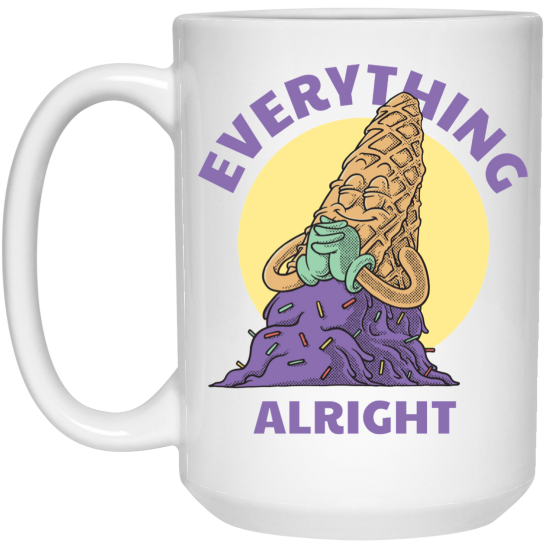 Everything Is Alright, Cartoon Smiling Spilled Ice Cream White Mug