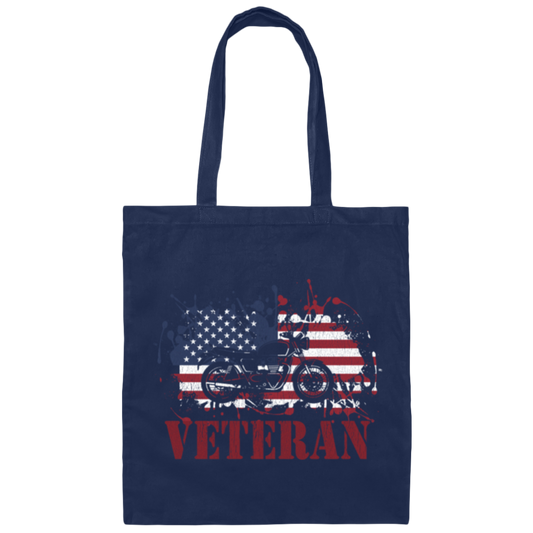 Motorcycle Veteran, Military Biker, American Flag, American Veteran Canvas Tote Bag