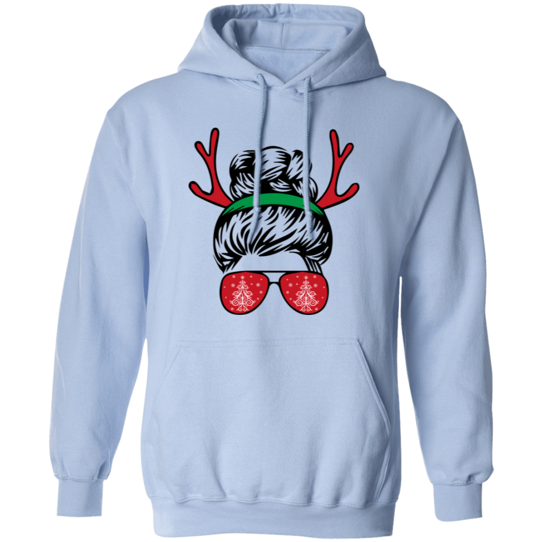 Messy Bun Girl, Girl With Deer Horn, Christmas Tree In Glasses, Merry Christmas, Trendy Chrismas Pullover Hoodie