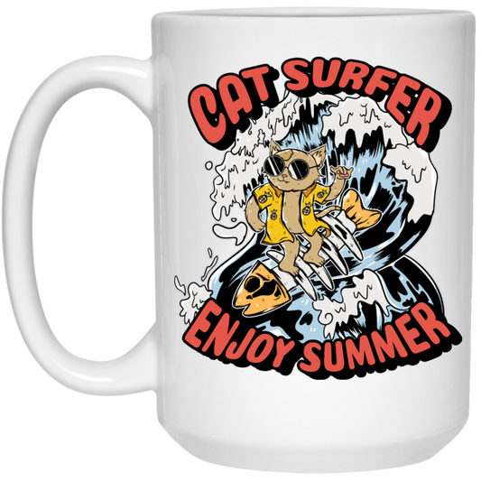 Cat Surfer Enjoy Summer, Surfing On The Beach, Summer Vacation White Mug