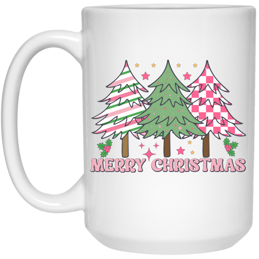 Pink Christmas, Christmas Tree, Pink Plaid Xmas Tree White Mug