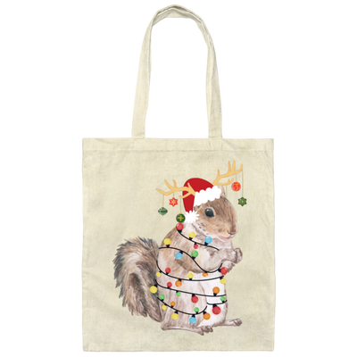 Squirrel Christmas, Merry Christmas, Christmas Lights, Funny Squirrel Canvas Tote Bag