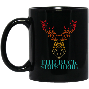 Vintage Abstract Deer Hunting, The Buck Stops Here, Deer Hunter Black Mug
