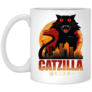 Catzilla In Tokyo City, Horror Cat, Black Cat, Angry Cat White Mug