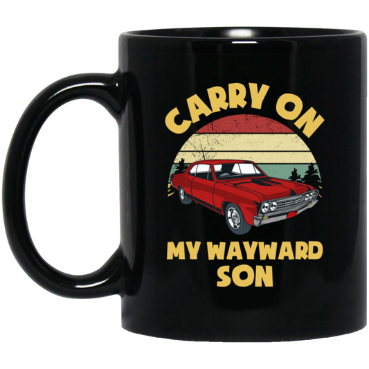 Carry On My Wayward Son, Red Car, Classic Car Black Mug