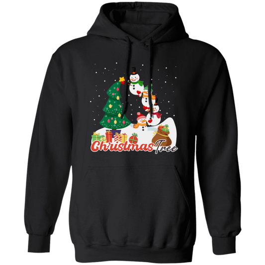 Christmas Tree, Snowman Build Xmas Tree, Snowman Family, Merry Christmas, Trendy Christmas Pullover Hoodie