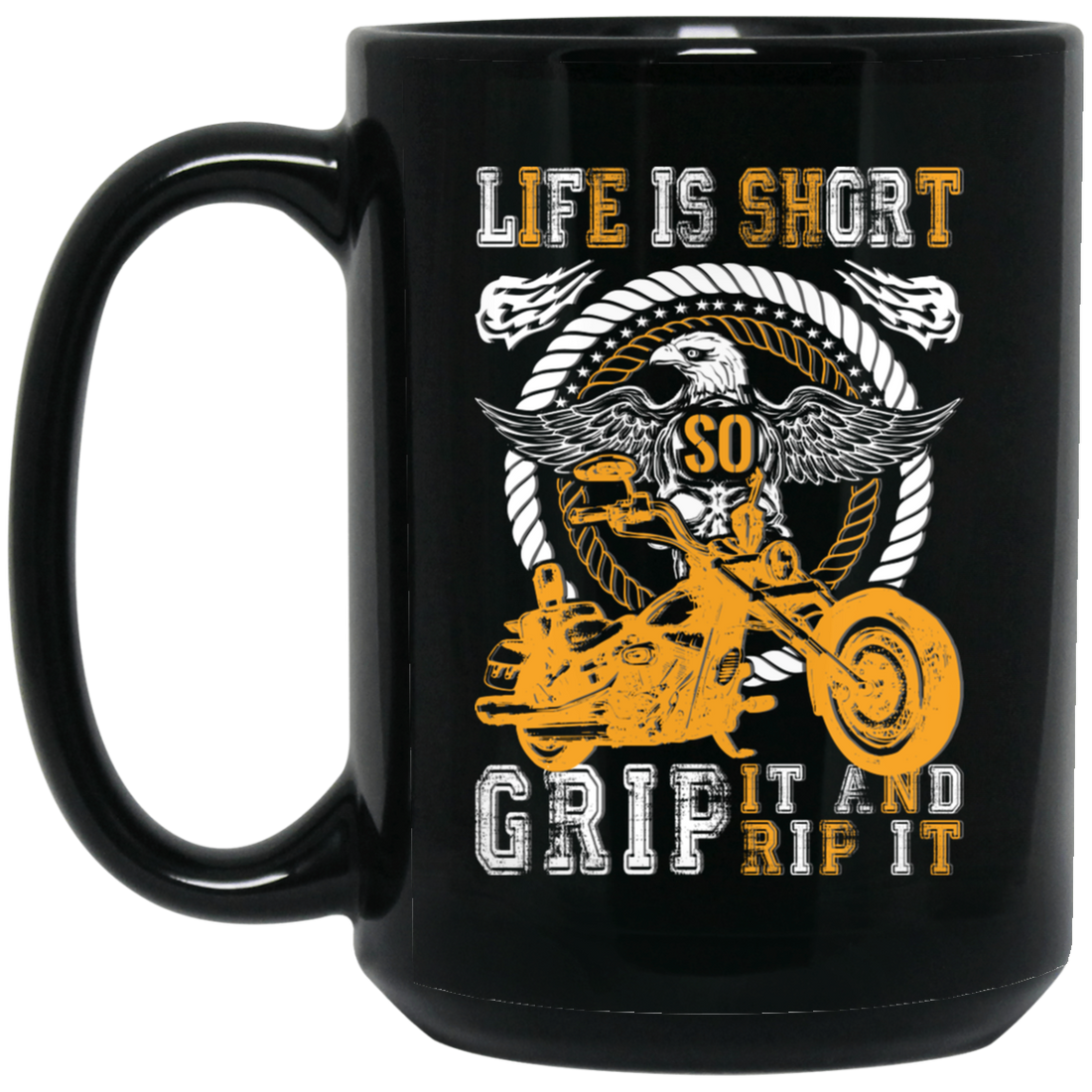 Life Is Short, So Grip It And Rip It, Retro Eagle, Motorbike Black Mug