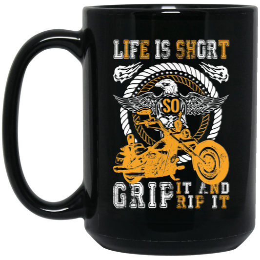 Life Is Short, So Grip It And Rip It, Retro Eagle, Motorbike Black Mug