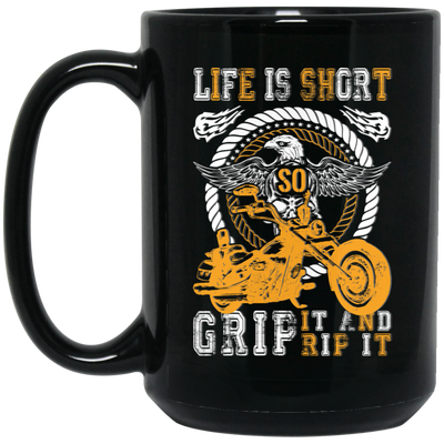 Life Is Short, So Grip It And Rip It, Retro Eagle, Motorbike Black Mug