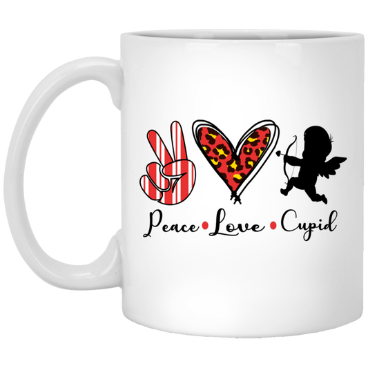 Peace Love Cupid, Leopard Heart, Cupid Lover, Valentine's Day, Trendy Valentine White Mug