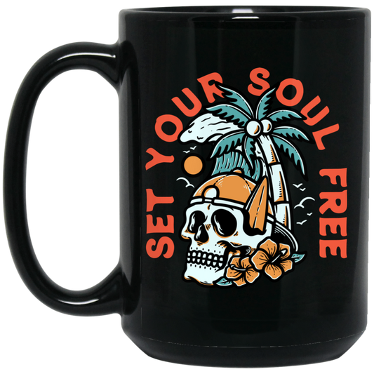 Set Your Soul Free, Cool Skull, Palm Tree On The Beach Black Mug