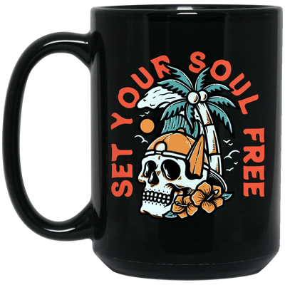 Set Your Soul Free, Cool Skull, Palm Tree On The Beach Black Mug