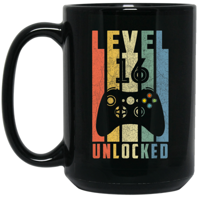 Level 16 Unlocked, 16th Video Gamer, 16th Birthday Gift, Retro 16th Gift Black Mug