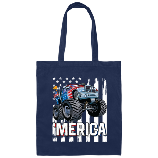 America Lover, Monster Truck USA Flag, Patriotic Boy Lover Canvas Tote Bag