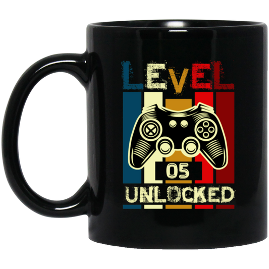 Gamer Love Gift, Level 5 Unlocked, Retro Style For 5th Birthday, Love 5th Black Mug