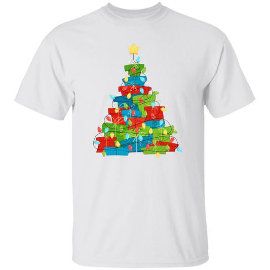 Christmas Tree Made From Gift Box, Xmas Light Line, Merry Christmas, Trendy Christmas Unisex T-Shirt