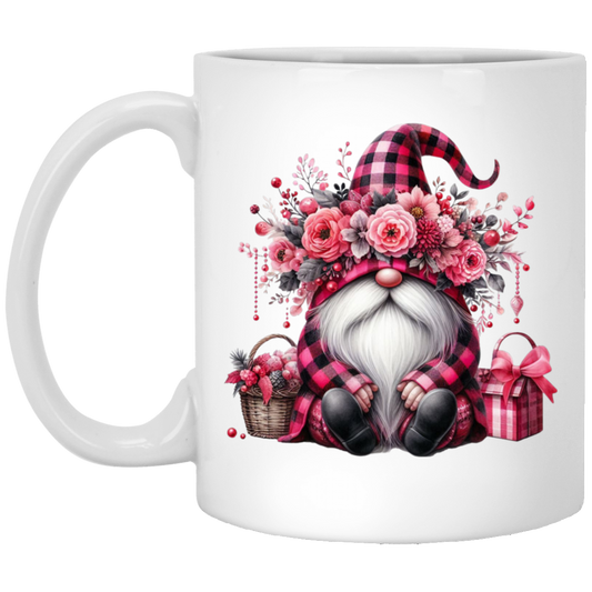 Pink Gnome, Cute Christmas, Cute Gnome, Pink Plaid White Mug