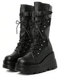 Own the night in these fierce lace-up platform boots that scream rebellion. Studded with gleaming rivets and built for attitude, they're the ultimate statement piece for anyone who refuses to blend in. Whether you're hitting the club, cruising on two wheels, or just living your darkest fantasy, these boots deliver serious edge with every stomp. Comfortable enough to wear all night, bold enough to turn heads—because conformity is so last season.