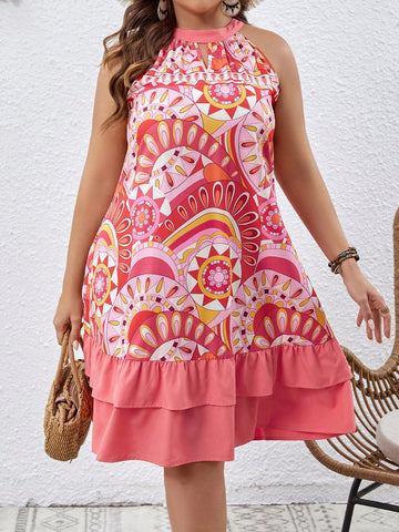 Be effortlessly elegant this summer in our layered ruffle hem halter dress. The plus size design provides a flattering fit for all body types. The halter neckline adds a touch of sophistication, while the ruffled hem adds a playful touch. Perfect for any summer occasion!
