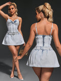 Effortlessly elevate your style with our Denim Spaghetti Strap Pleated Mini Dress. The perfect blend of chic and comfort, this dress features delicate spaghetti straps and feminine pleats, making it a must-have for any fashion-forward woman. Embrace effortless style with this versatile and timeless dress.