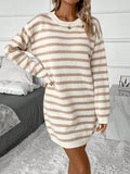 Achieve a stylish and comfortable look with the Effortlessly Chic Sweater Dress. Featuring a striped pattern and drop shoulder design, this dress is both fashionable and easy to wear. Perfect for any occasion, this dress is sure to make a statement.