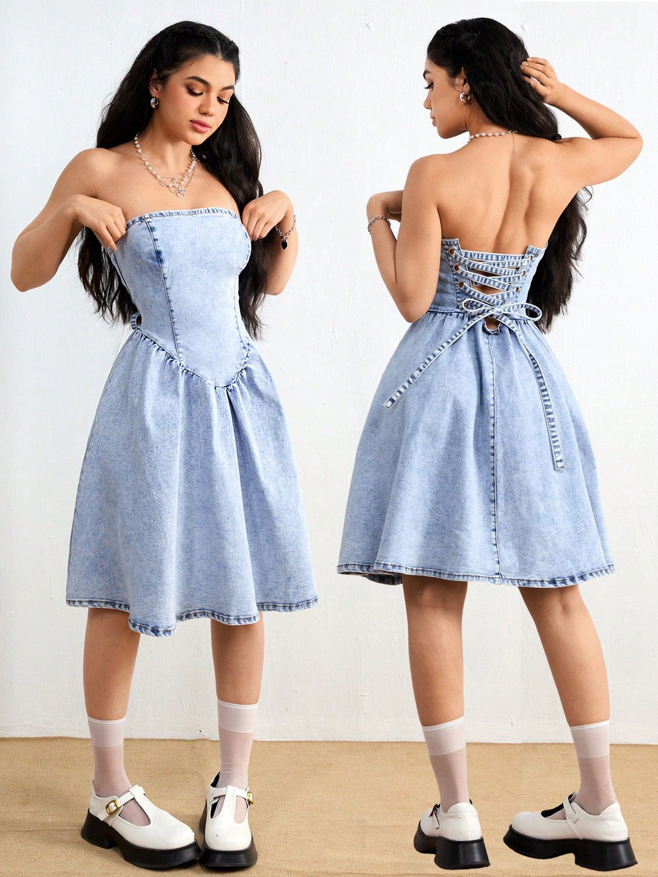 Effortlessly strut your style with this chic denim dress, featuring a criss-cross back and backless design. Perfect for a day out with the girls or a casual date night, this tube dress will have you looking and feeling your best. Say goodbye to boring outfits and hello to effortless chicness!