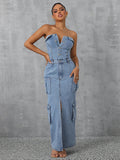 This solid tube top denim dress exudes effortless chic style. Made for women, it features a flattering tube top design and durable denim fabric. Perfect for any occasion, pair it with your favorite accessories for a versatile and sophisticated look.