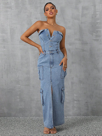 This solid tube top denim dress exudes effortless chic style. Made for women, it features a flattering tube top design and durable denim fabric. Perfect for any occasion, pair it with your favorite accessories for a versatile and sophisticated look.