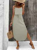 Step out in playful comfort with this casual ribbed sleeveless dress, featuring a trendy split hem and adjustable drawstring for a perfect fit. Its soft, stretchy fabric moves with you, making it ideal for sunny days or relaxed weekends. Effortless style meets everyday ease in one chic dress!