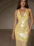 Make a statement in this stunning yellow beaded halter dress that's pure sophistication with a flirty twist. The intricate beadwork catches the light beautifully, while the backless design and bodycon silhouette create an unforgettable look for formal events and parties. Perfect for anyone ready to turn heads and feel absolutely fabulous. Whether you're hitting the dance floor or making a grand entrance, this dress delivers elegance with an edge that says you're confident, bold, and ready to shine.