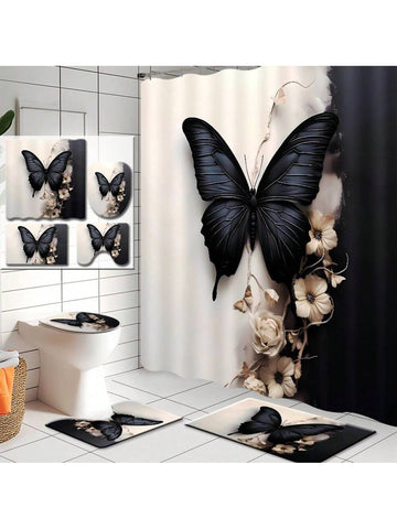 Add a touch of whimsy to your bathroom with our Elegance in Bloom shower curtain set! Featuring a 3D black and white butterfly and flower design, this set includes hooks and a mat for a complete look. Bring a unique and playful touch to your daily routine.