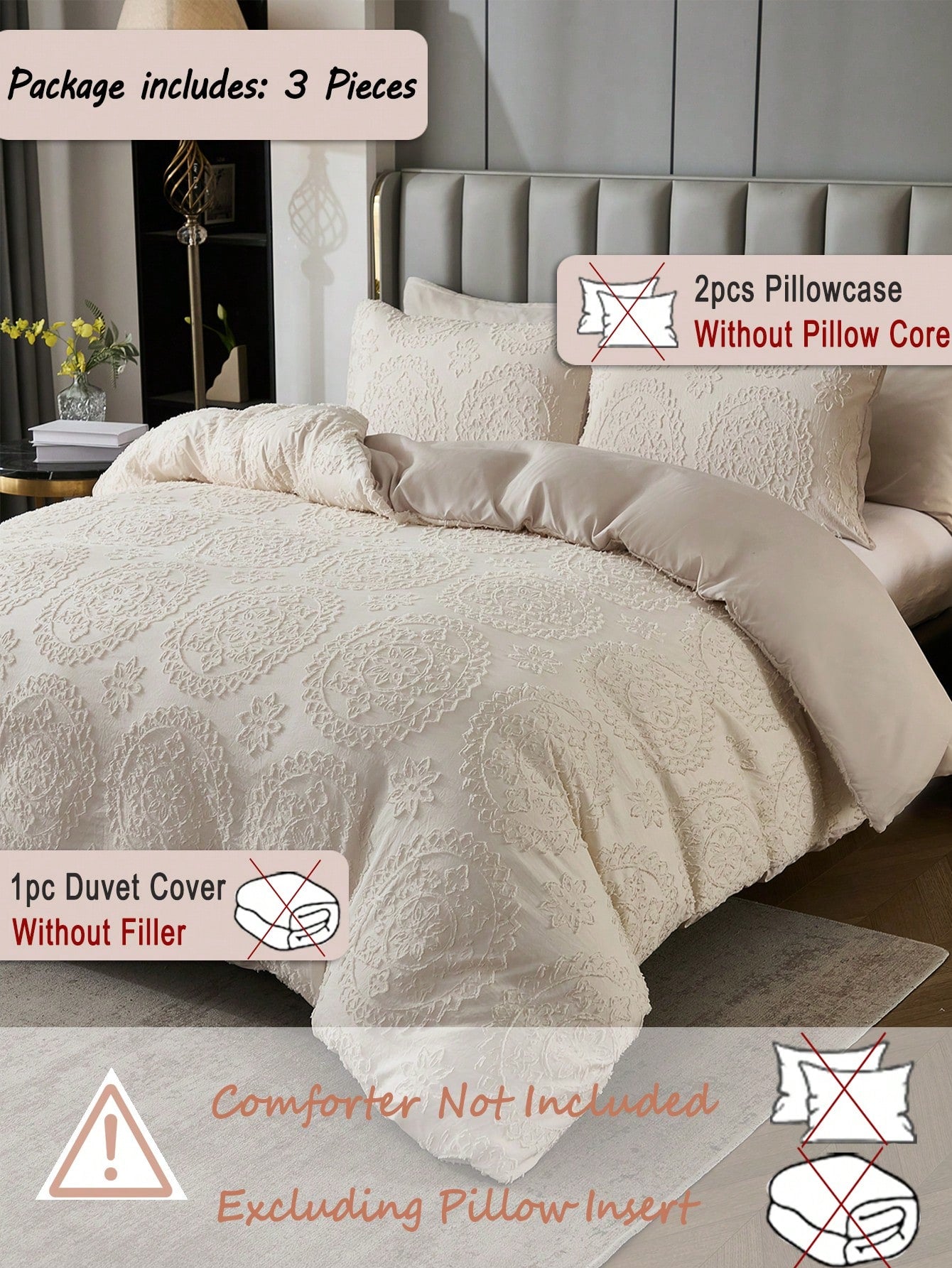 Wrap yourself in cozy charm with this Elegant 3-Piece Beige Bedding Set! Featuring a chic geometric pattern, the modern duvet cover and matching pillow shams bring a fresh, stylish vibe to any bedroom. Perfect for all seasons, this set combines comfort and flair to keep your space looking fabulous year-round. Sweet dreams never looked so good!