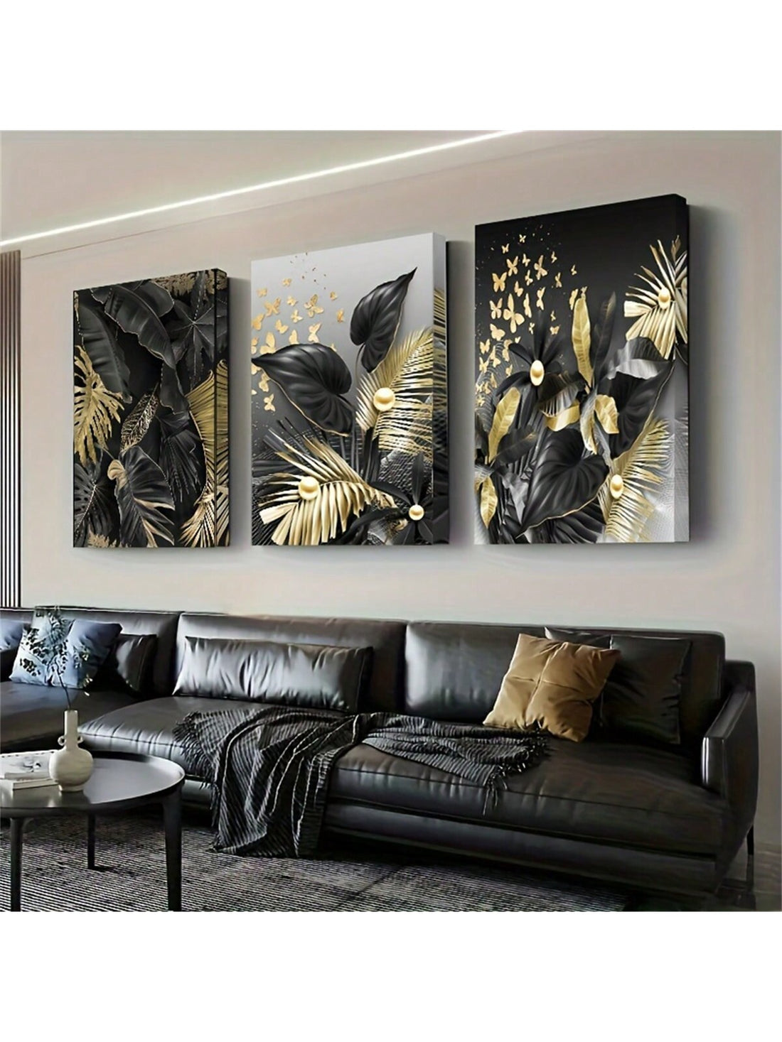 Bring a splash of chic greenery into your space with this playful trio of black and gold plant leaves wall art. Perfect for sprucing up your living room, dining room, or bedroom, these modern canvas pieces add a touch of fun elegance and personality to any wall. Brighten your home with style that’s both bold and beautifully simple!