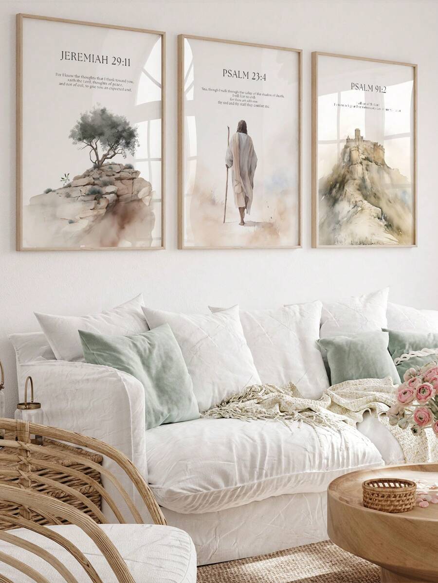 Transform your space with this stunning 3-piece canvas wall art set featuring serene Jesus-inspired imagery blended with boho nature landscapes. Each piece combines spiritual meaning with contemporary design, creating a peaceful focal point for any room. Perfect for living rooms, offices, and bedrooms, this collection brings warmth and tranquility to your walls. 