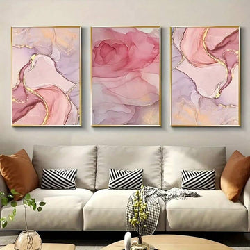 Pink marble abstract canvas wall art set with gold veining