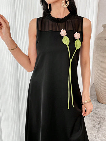 Upgrade your summer evening style with our Elegant 3D Floral Contrast Mesh Sleeveless Mini Dress! This unique dress features intricate 3D floral details on a contrasting mesh fabric, making it a perfect combination of elegance and playfulness. Stay cool and chic all season long with this must-have piece.