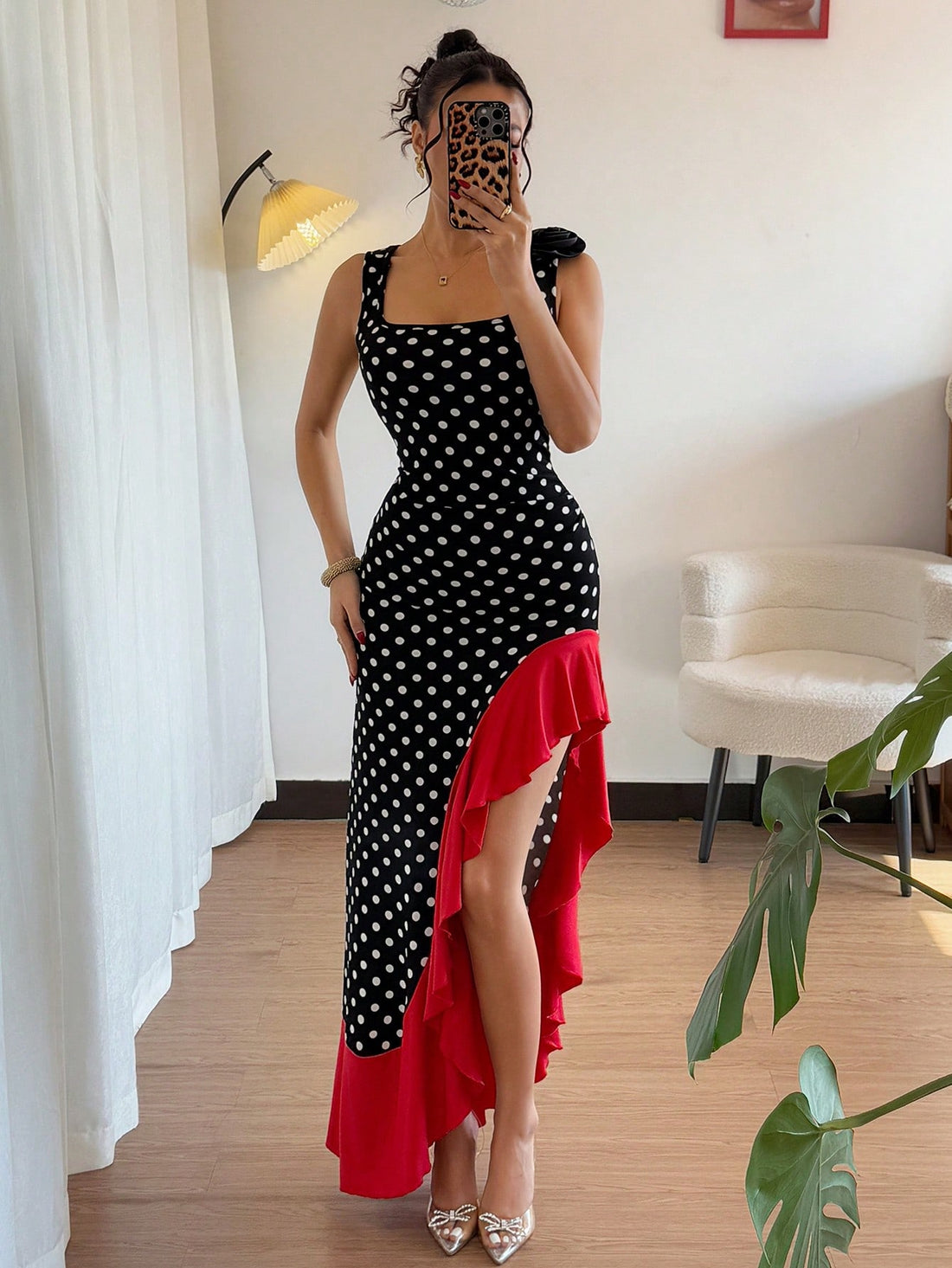 Get ready to turn heads in this trendy and sophisticated Elegant 3D Floral & Polka Dot Asymmetrical Dress. The delicate 3D floral and playful polka dot patterns combine for a fun, yet chic look, while the ruffle trim and high slit add a touch of elegance. Perfect for any occasion, this dress will make you stand out in the most stylish way possible!