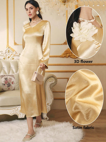 Slip into pure elegance with this stunning 3D floral satin long dress! Featuring dimensional floral embellishments that catch the light beautifully, this gown transforms you into the star of any winter celebration. The luxurious satin fabric drapes gracefully, creating a silhouette that's both sophisticated and show-stopping. Whether you're dancing at a holiday party, walking down the aisle, or making a grand entrance at a special event, this dress delivers that "wow" moment. Perfect for anyone who wants to